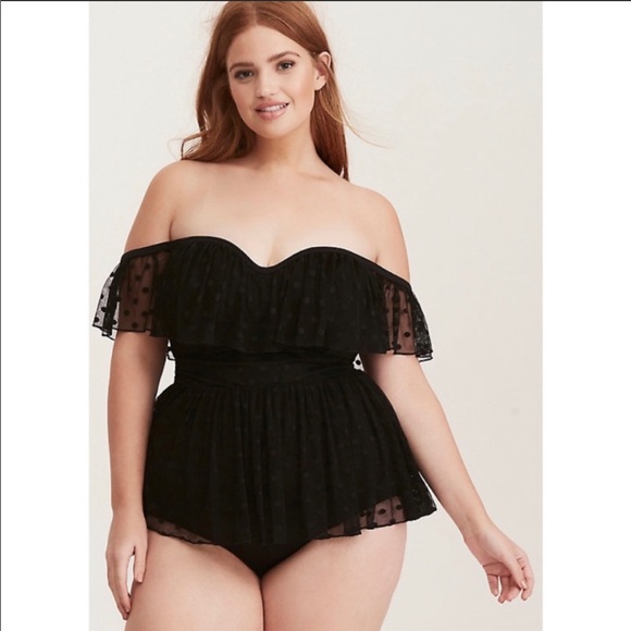 Torrid one piece, peplum mesh with dots